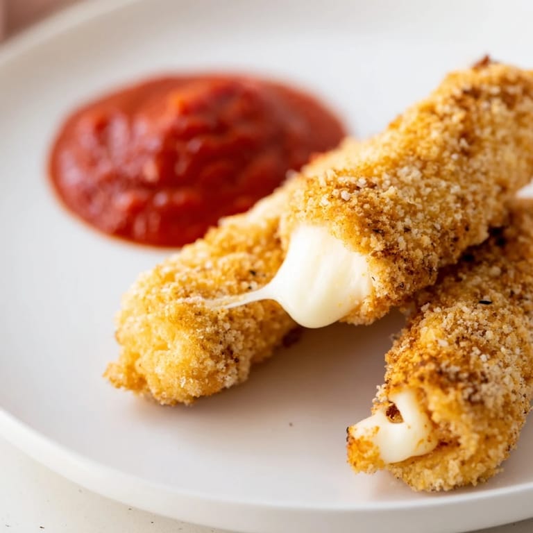Perfectly fried air fryer mozzarella sticks, ready for dipping into warm marinara sauce for snack time.