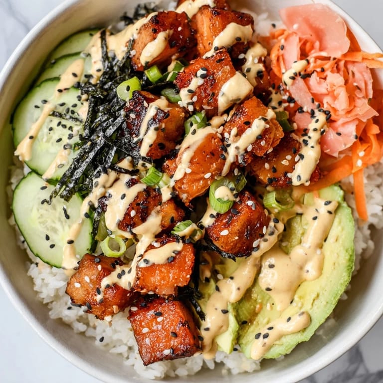 Close-up of a flavorful Salmon Bites Bowl, served over rice with a spicy creamy sauce.