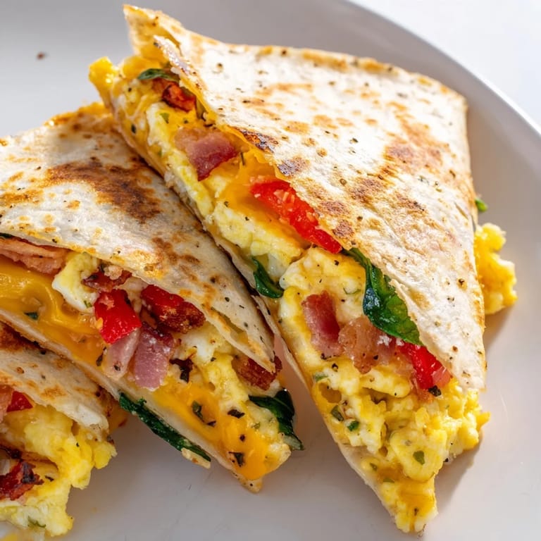 Crispy, golden-brown Breakfast Quesadilla with a peek of melty cheese and fluffy scrambled eggs inside.