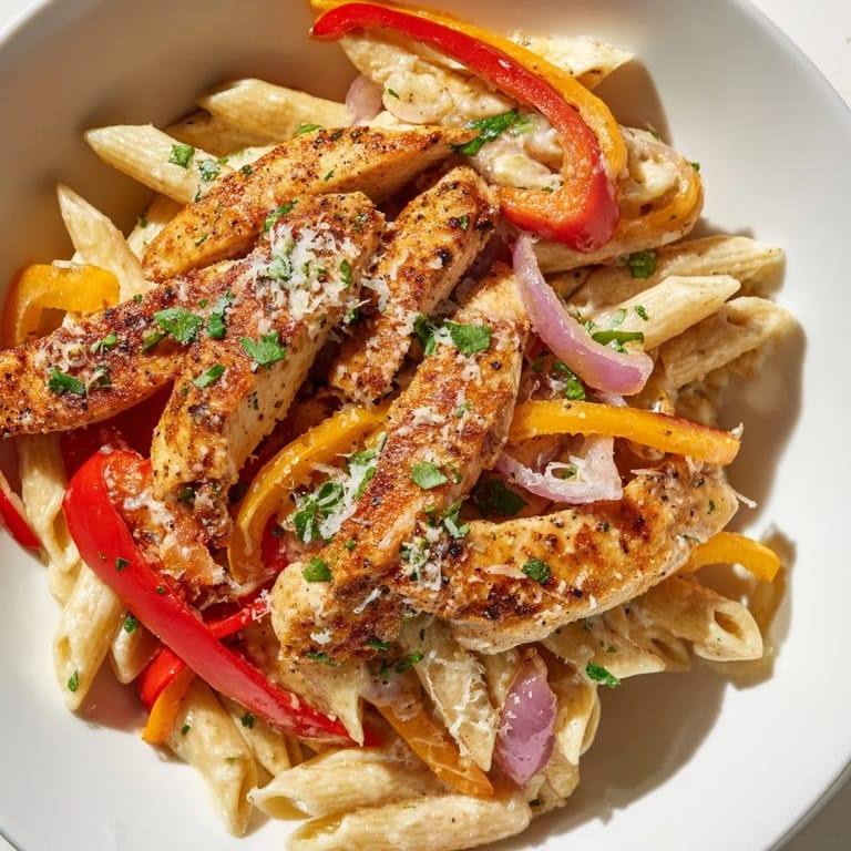 Sizzling pan of Cajun Chicken Pasta, featuring tender chicken and rich Parmesan cheese sauce.