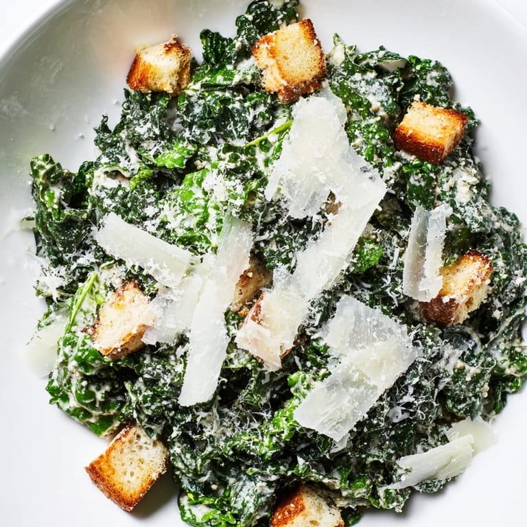 Vibrant photo of a Kale Caesar Salad: tender kale, creamy dressing, lots of crunchy croutons.