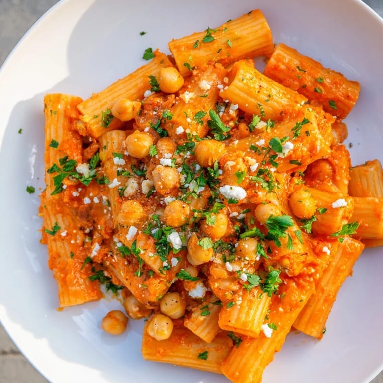 Hearty harissa chickpea pasta sprinkled with feta, offering a flavorful and satisfying vegetarian meal idea.