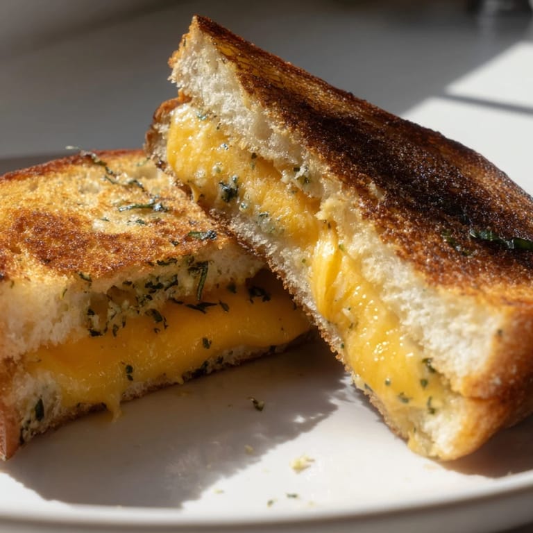 Crispy sourdough grilled with garlic mayo offers a savory treat: our Garlic Butter Mayo Grilled Cheese, ready to be devoured.