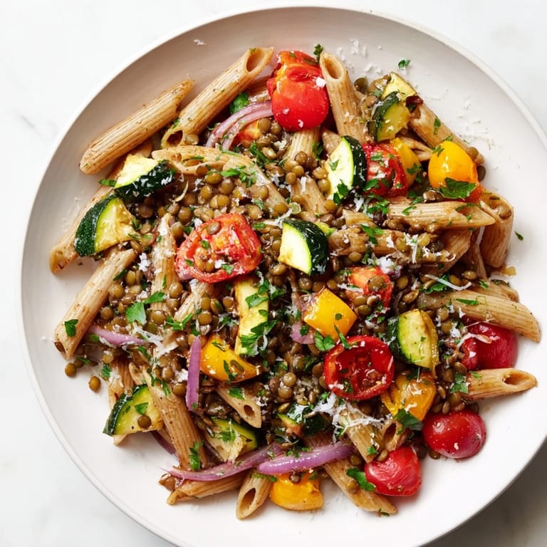 Enjoy a warm bowl of Lentil Pasta with Vegetables, featuring fresh herbs and a drizzle of olive oil.