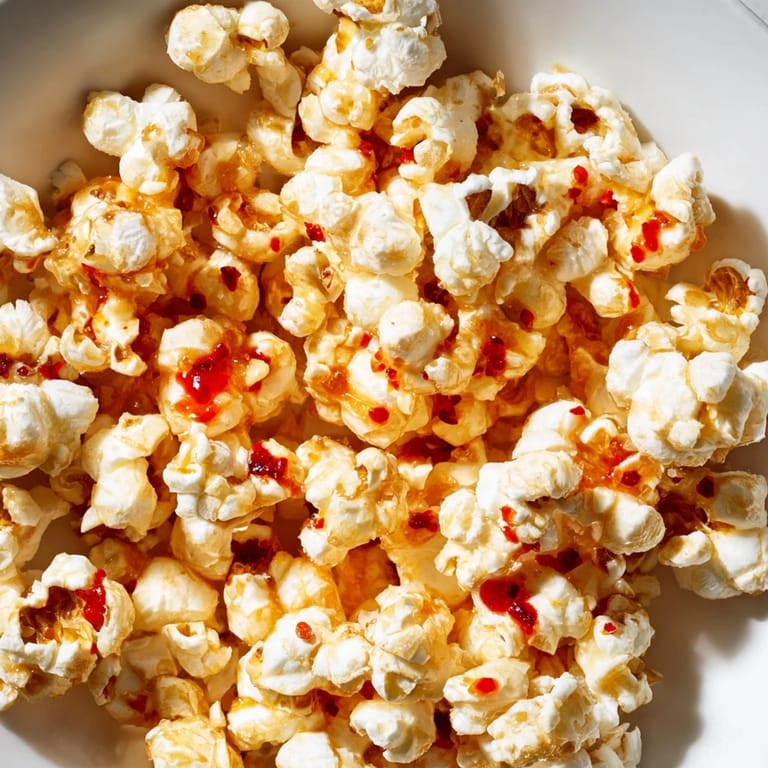 A close-up of freshly made hot honey butter popcorn, drizzled with sweet and savory sauce.