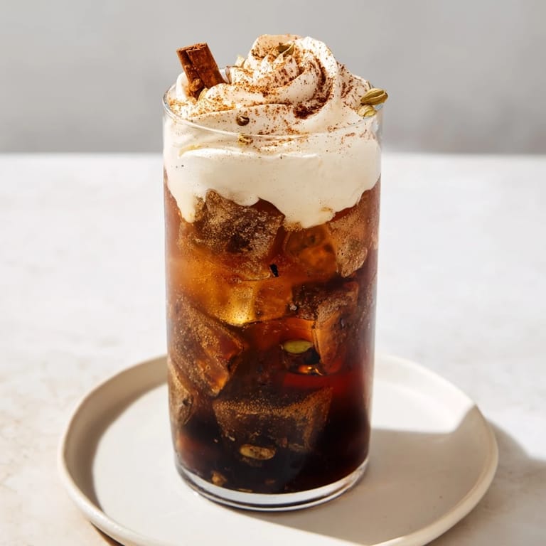 Close-up of Homemade Iced Chai, showcasing the layered perfection of spiced tea and foam.