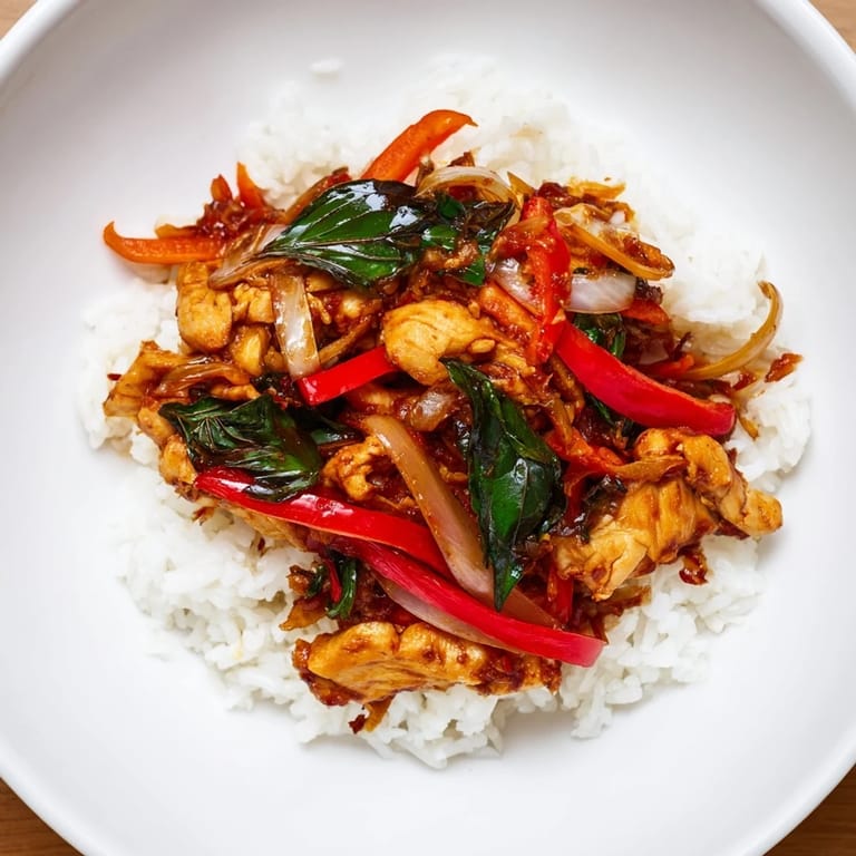 A generous serving of Thai Basil Chicken Bowls, spooned over fluffy rice, ready to enjoy.