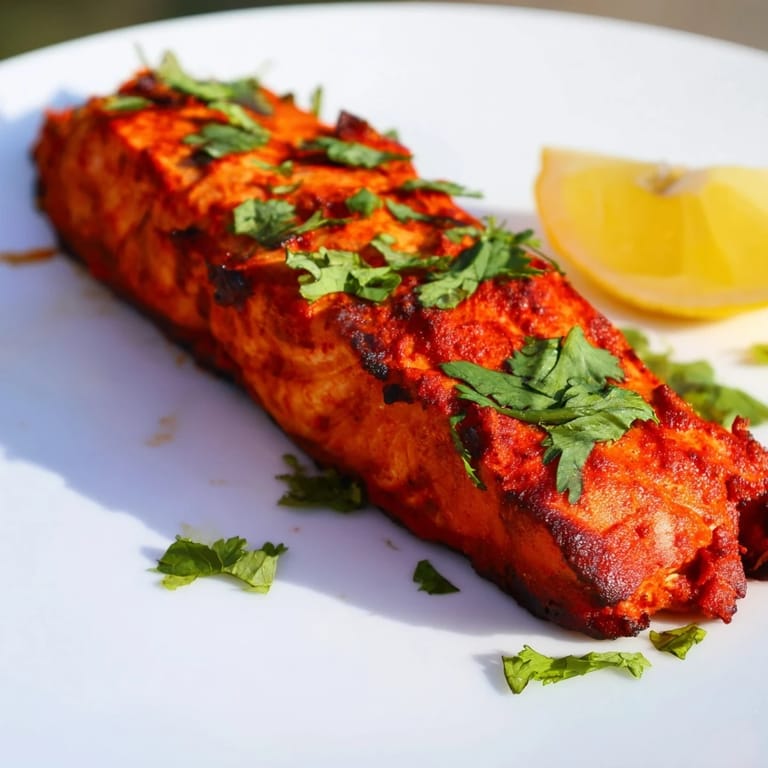 Crispy-edged Indian Tikka Salmon, a delicious weeknight treat, garnished with fresh herbs and lemon wedges.