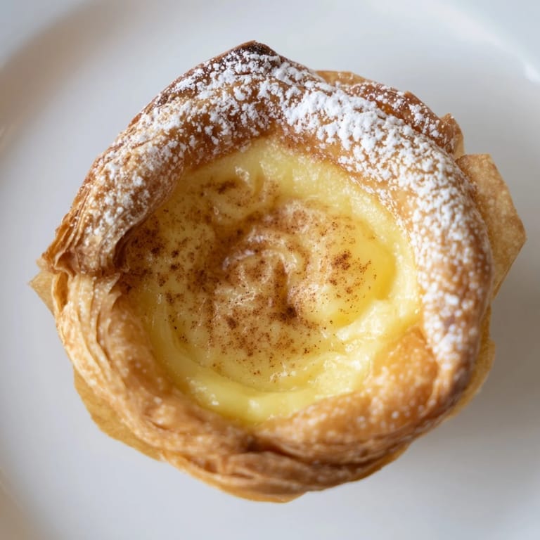 Close-up of warm Portuguese egg tarts with a velvety custard filling, a delightful sweet treat.