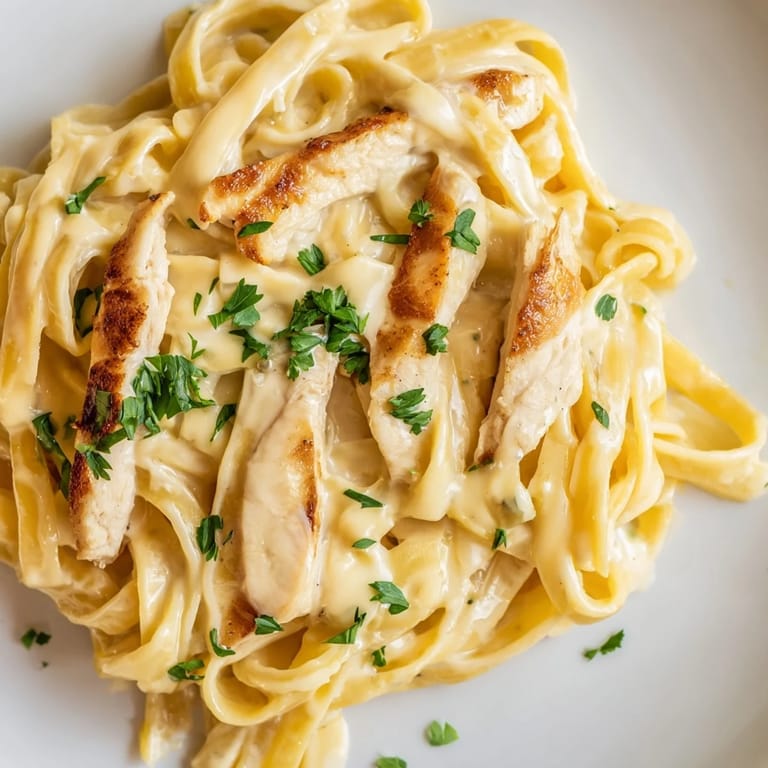 Steam rises from a skillet of Skillet Chicken Alfredo, with golden chicken pieces and glossy sauce clinging to pasta noodles.