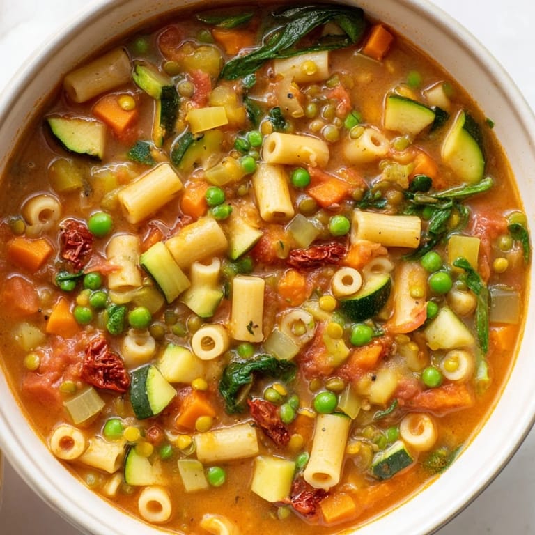 Close-up of a prepared minestrone soup jar with sun-dried tomatoes, herbs, and a vegetable bouillon cube on top.