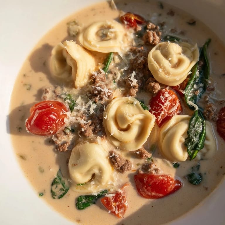 Cozy bowl of Tortellini Beef Soup garnished with Parmesan and herbs, perfect for chilly nights.