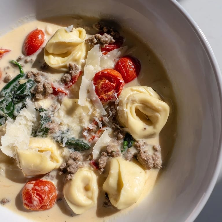 Hearty Tortellini Beef Soup featuring tender cheese tortellini, savory beef, and sweet tomatoes in rich broth.
