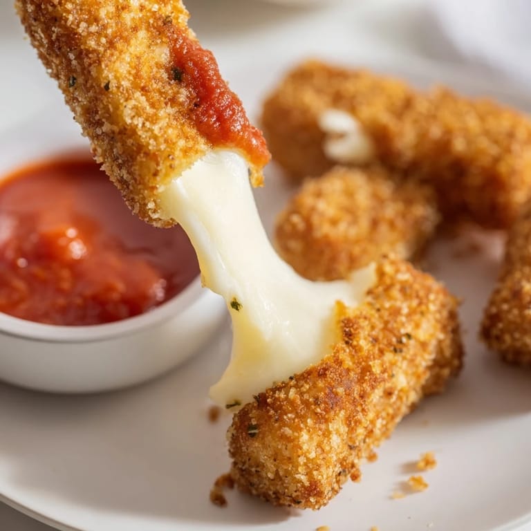 Crispy golden Air Fryer Mozzarella Sticks being pulled apart, revealing gooey melted cheese in a satisfying stretch.