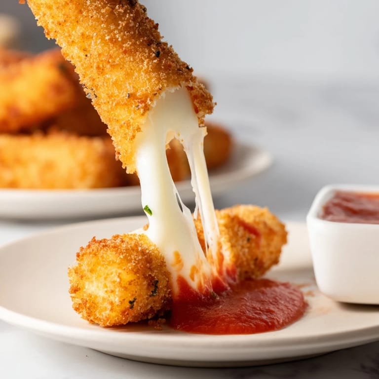 Four servings of crunchy Air Fryer Mozzarella Sticks served alongside a small bowl of marinara for dipping.