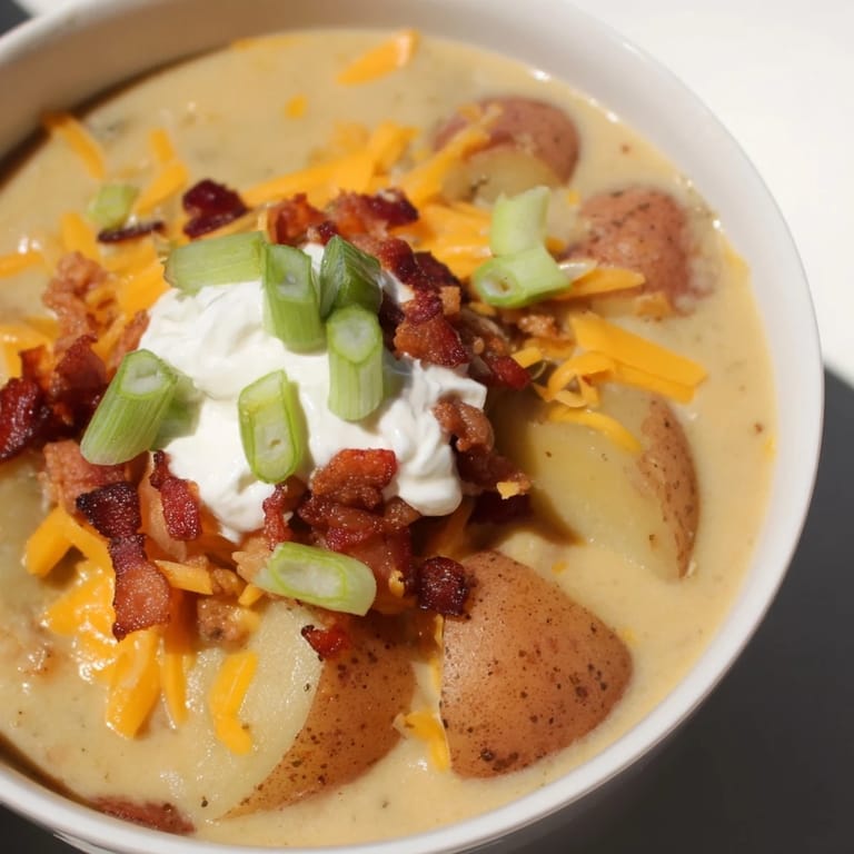 Hearty Loaded Baked Potato Soup served in a rustic bowl with extra cheese and bacon on top.