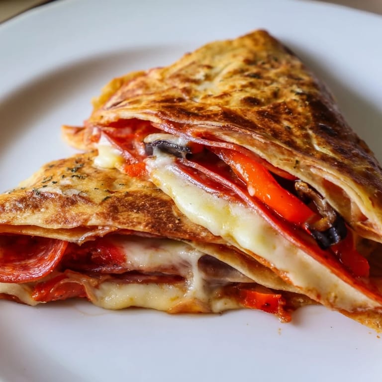 A folded, pan-toasted Tortilla Pizza Wrap served hot on a plate, garnished with fresh basil and black olives.