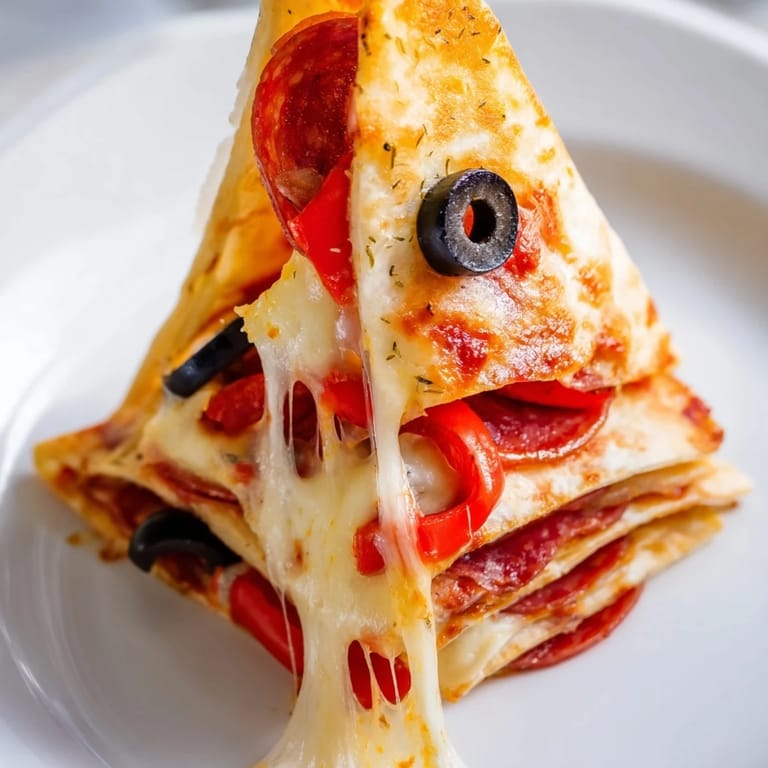 Freshly cooked Tortilla Pizza Wrap sliced in half, revealing layers of tomato sauce, melted cheese, and colorful toppings.  