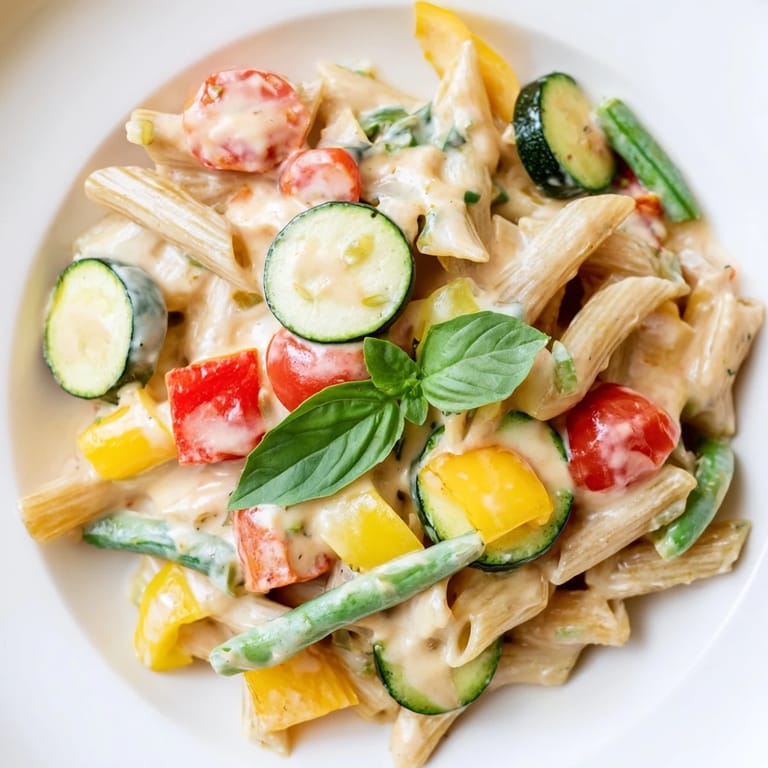 Close-up of One-Pot Creamy Pasta Primavera, featuring al dente fusilli and colorful vegetables coated in a velvety cream sauce.