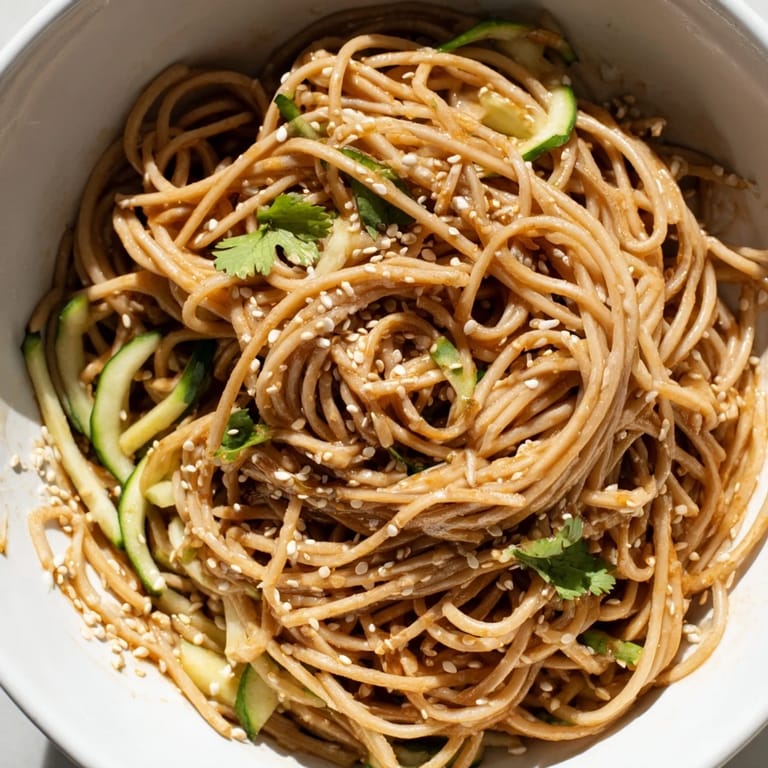 Spicy Sesame Noodle Salad tossed in a glossy sesame-soy-chili dressing with crunchy peanuts and sesame seeds.
