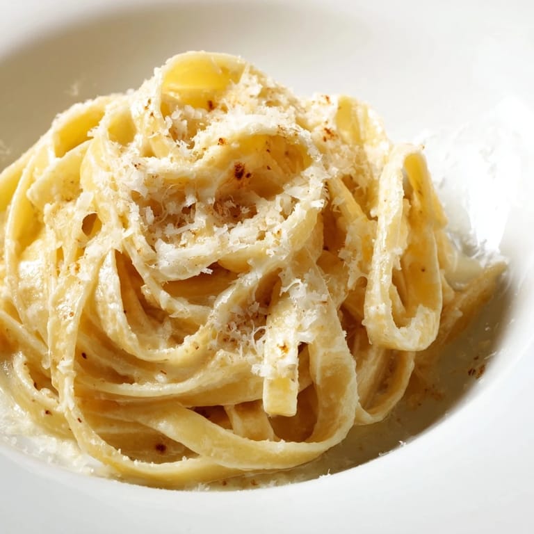 Roasted garlic cream pasta served warm, Parmesan and chopped parsley topping the silky sauce alongside a glass of crisp white wine.