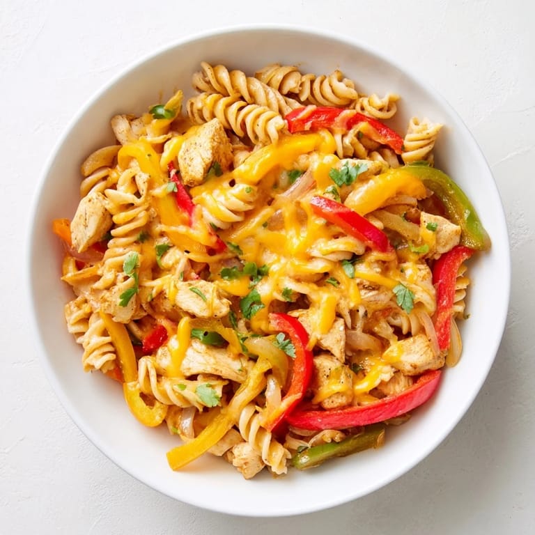 Overhead view of a bubbling Chicken Fajita Pasta Skillet, featuring colorful bell peppers and melted cheese topping, perfect for a quick weeknight dinner.