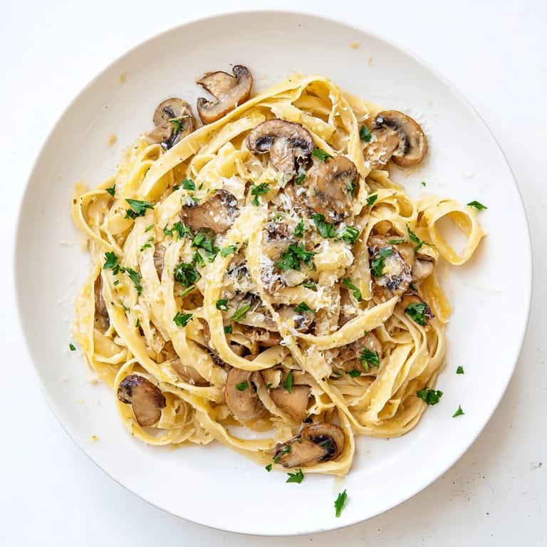 A close-up of creamy mushroom Alfredo pasta, featuring golden-brown mushrooms and a velvety parmesan sauce.