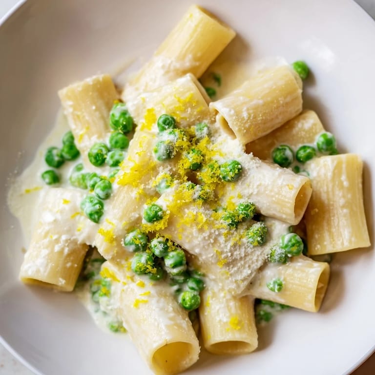 Tossed Pea & Lemon Ricotta Pasta featuring bright lemon zest, sweet peas, and creamy ricotta sauce.
