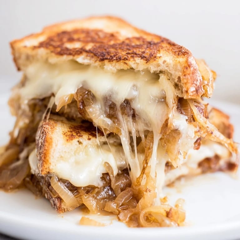 A close-up reveals the gooey, nutty cheese and rich, browned onions spilling out from a warm, buttery grilled cheese sandwich.