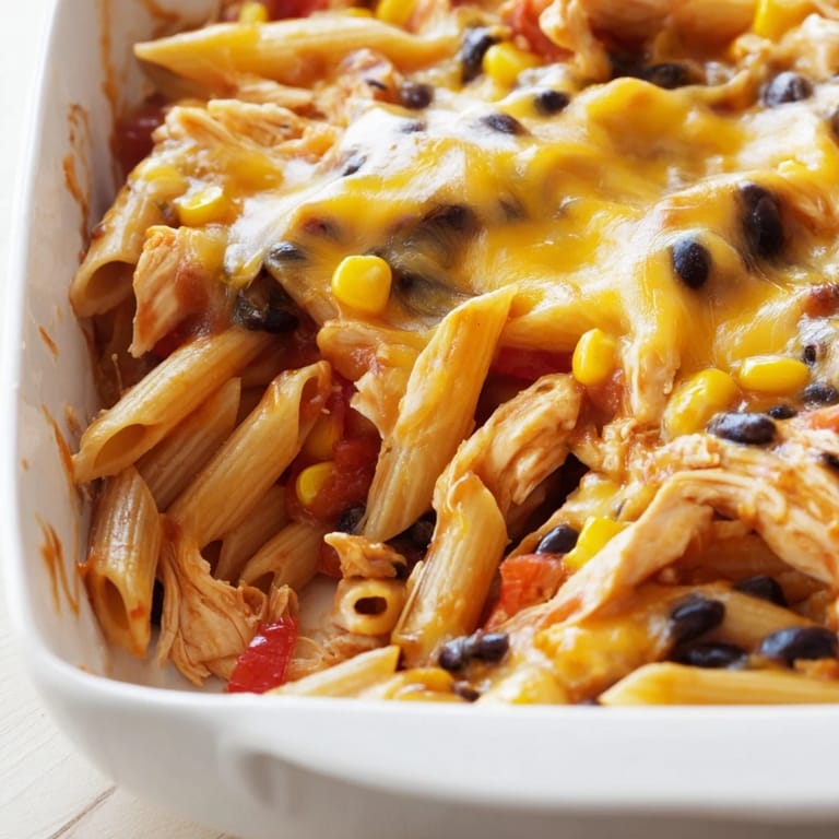 A fork lifts a cheesy serving of Chicken Burrito Pasta Bake revealing tender chicken, penne, and salsa on a rustic table.