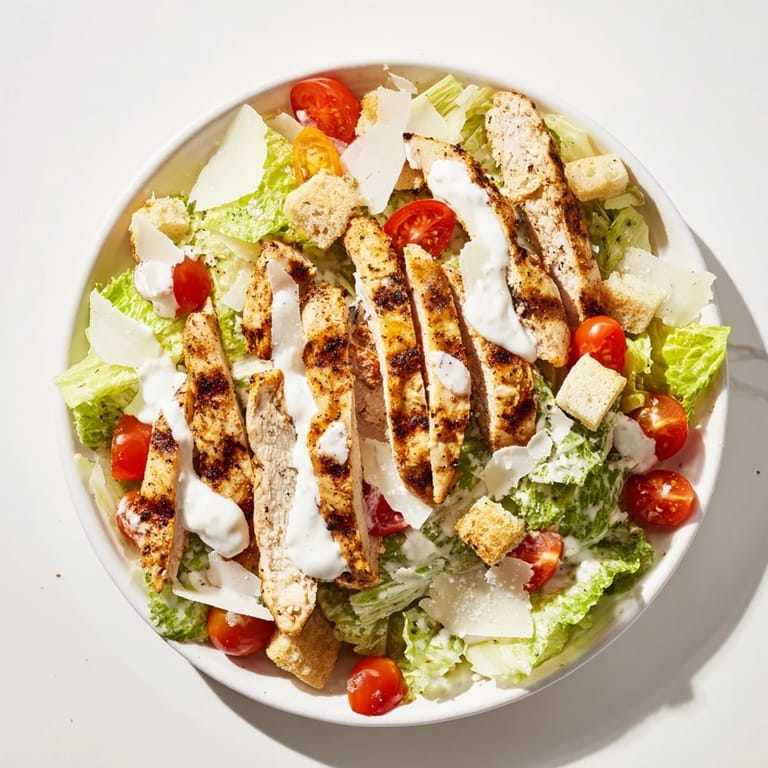 Sliced cherry tomatoes add a pop of color to the hearty Yogurt Caesar Grilled Chicken Salad, ready for a summer lunch.