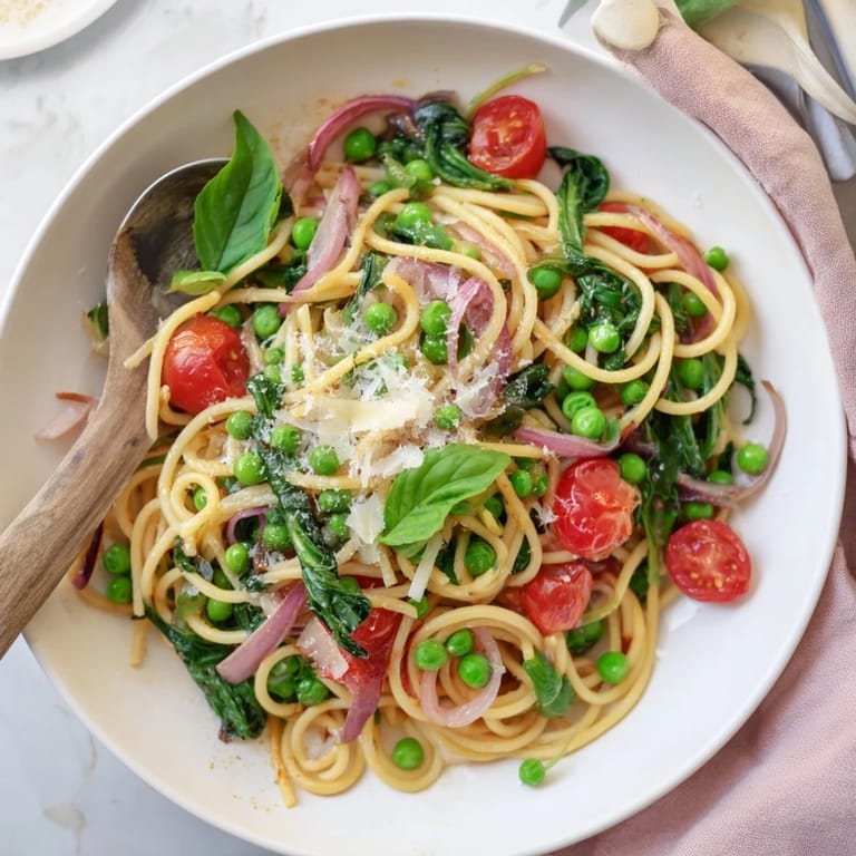 Spring Veggie One-Pot Spaghetti in a skillet topped with melted Parmesan and cherry tomatoes.