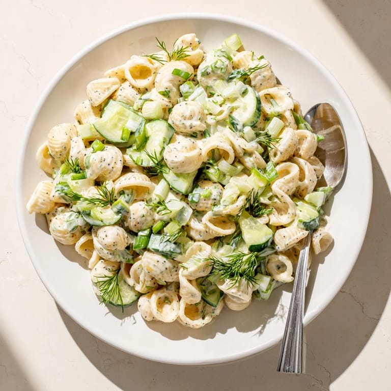 Vegetarian Cucumber Crunch Pasta Salad ready to serve, dotted with everything bagel seasoning for extra savory crunch.