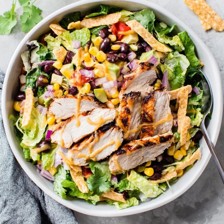 A vibrant bowl of Honey Lime Chicken Taco Salad featuring juicy grilled chicken, ripe avocado, sweet corn, and fresh cilantro leaves.  