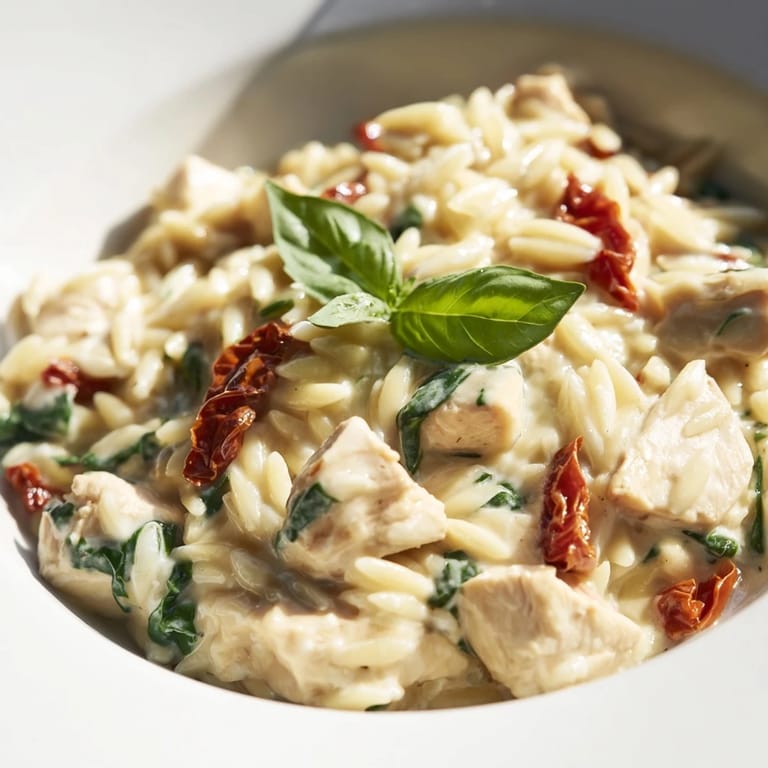 Savory Tuscan Chicken Orzo in a rich cream sauce, served steaming in a skillet with golden chicken and bright tomatoes.