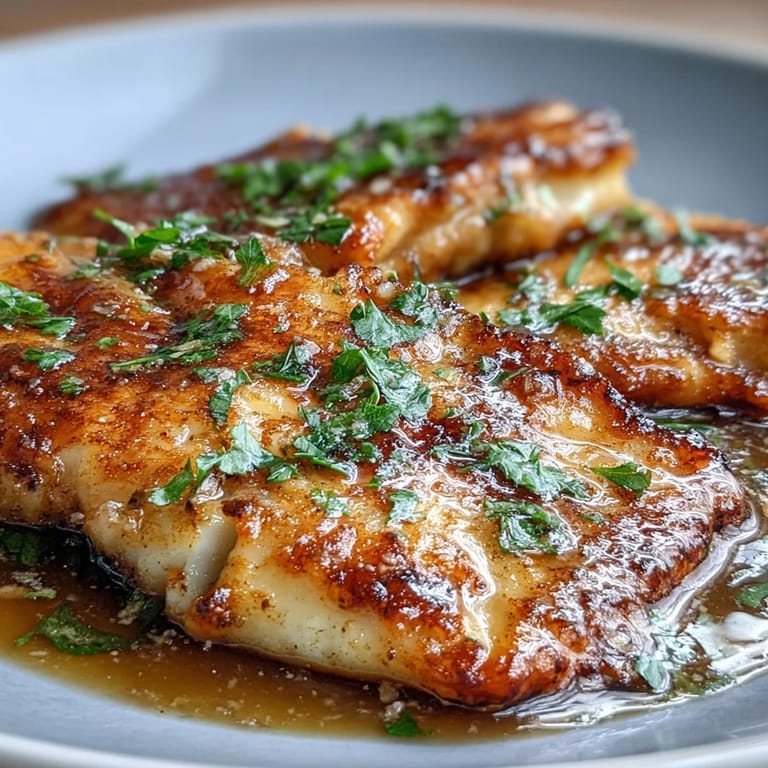Flounder meunière in a skillet, fillets coated in flour and topped with lemon-butter sauce.