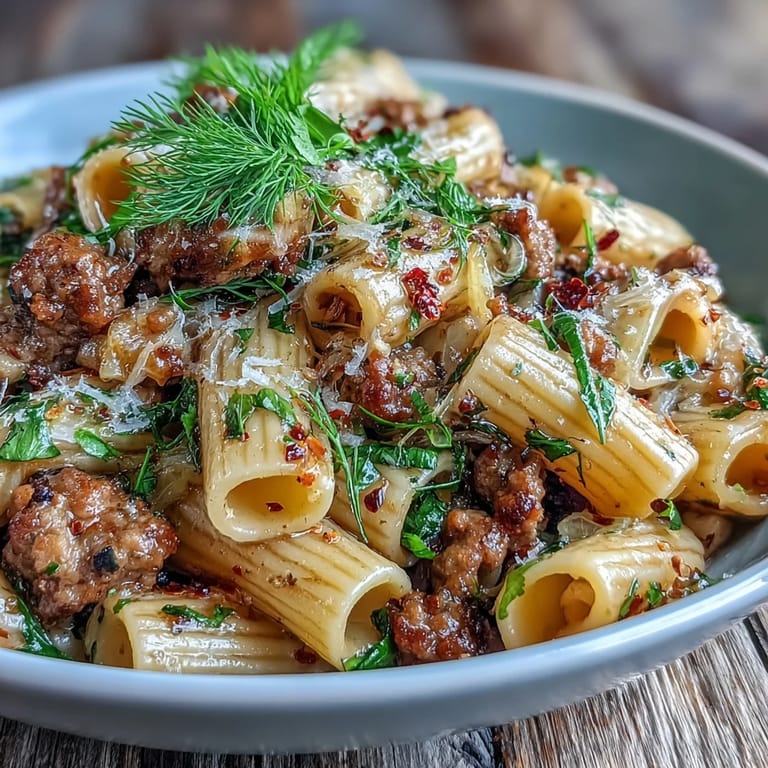 A close-up of Winter Pasta with Sausage and Fennel highlights caramelized fennel and juicy sausage bits.