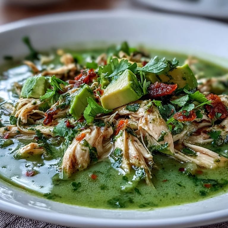 Overhead view of Chicken Chili Verde in a rustic bowl, with creamy avocado slices, diced onions, and a spoon ready to serve this comforting Mexican dish.
