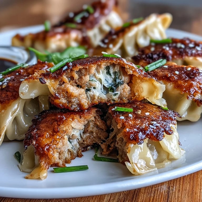 A platter of steamed and pan-fried smashed gyozas served with a small bowl of tangy soy-vinegar dipping sauce.