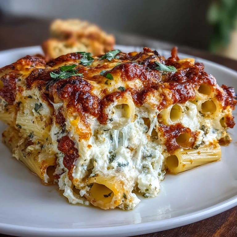A fork twirling a bite of Freezer Make-Ahead Baked Ziti next to a side of green salad.