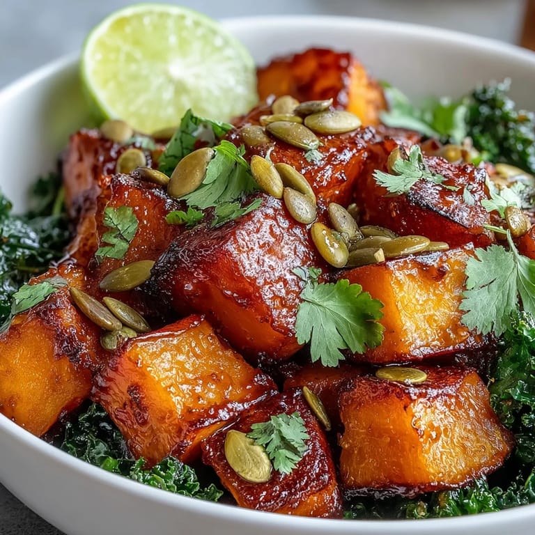 A close-up of the Sweet and Spicy Red Kuri Squash, highlighting the caramelized edges and aromatic paprika and cinnamon spices.