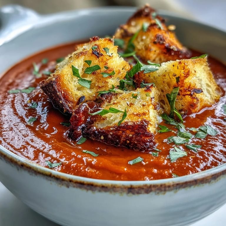A warm bowl of Roasted Red Pepper Soup garnished with fresh parsley and a swirl of cream. 