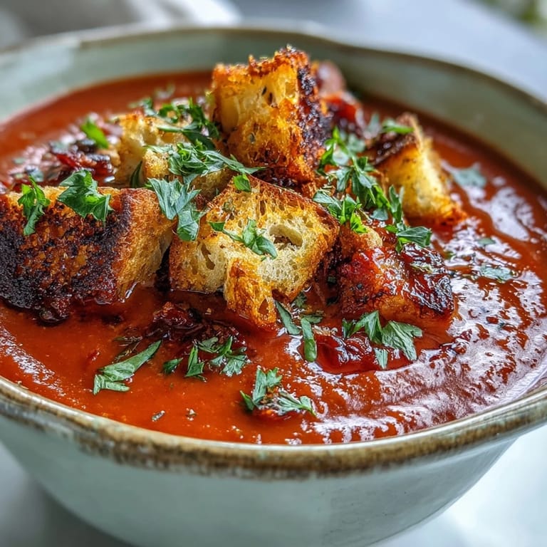 Close-up of Roasted Red Pepper Soup topped with crispy croutons, highlighting its rich red color.