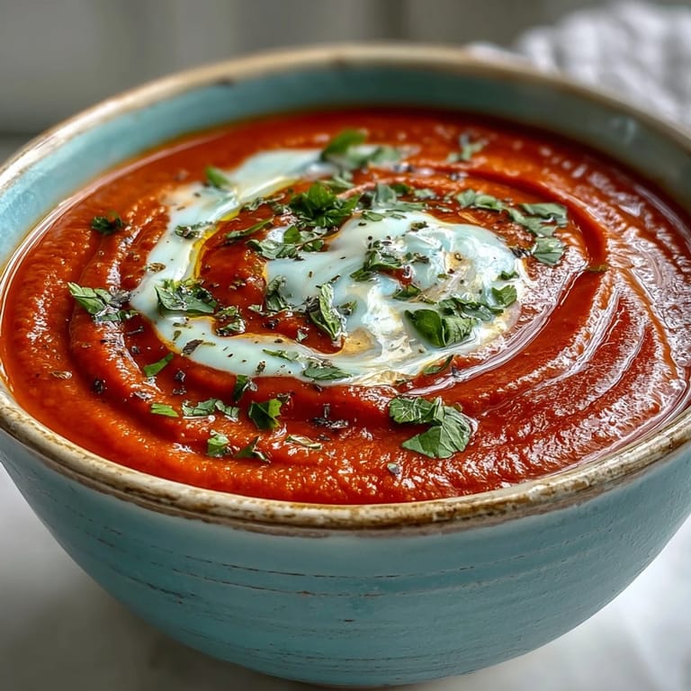 Silky roasted red pepper soup served with crusty bread and a drizzle of olive oil.