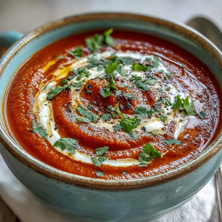 Vibrant roasted red pepper soup garnished with herbs and harissa spice, ready to enjoy.