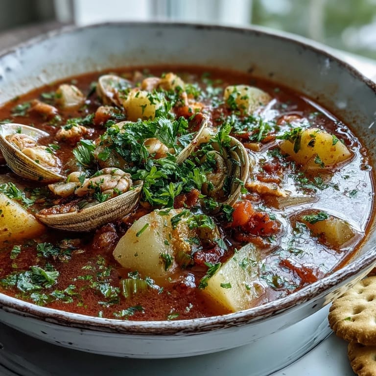 Close-up of Manhattan Clam Chowder in a rustic bowl, rich tomato broth with clams and vegetables, served with crusty bread.