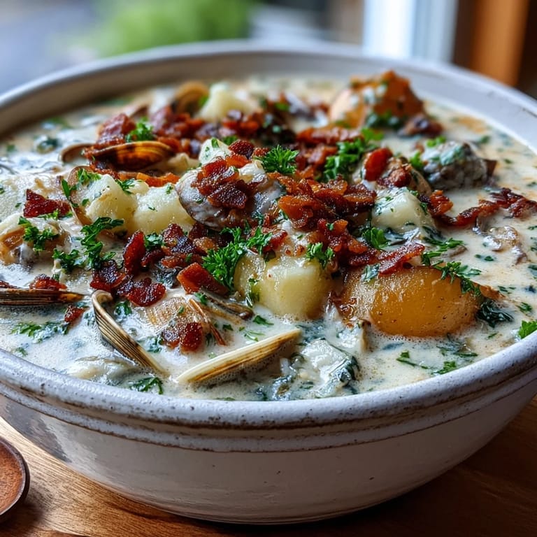 Creamy New England clam chowder in a rustic bread bowl, topped with fresh parsley and oyster crackers.  