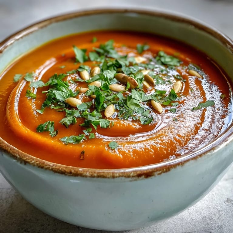 Warm Carrot Ginger Soup garnished with toasted pumpkin seeds, paired with crusty bread on a wooden table.