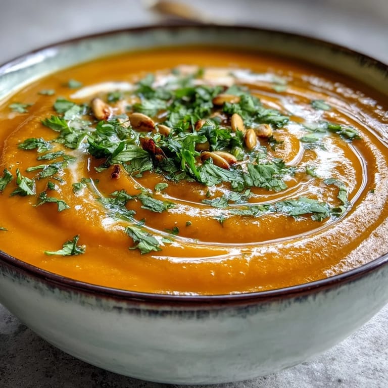 Vibrant orange Carrot Ginger Soup in a pot, showing the velvety texture and fresh ginger garnish.