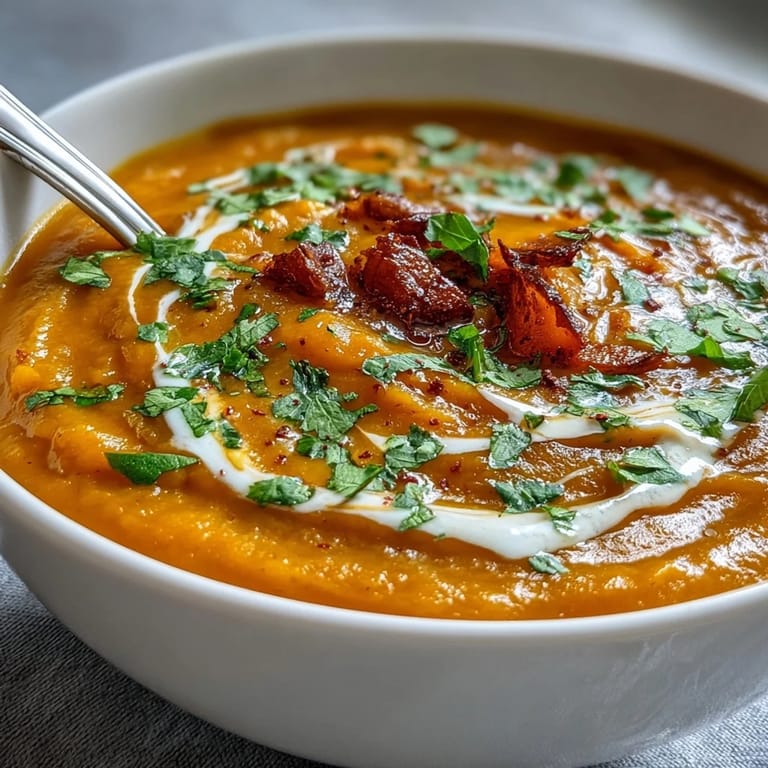 Vibrant orange Carrot and Lentil Soup steaming in a white bowl, topped with chopped parsley and a spoon ready to serve.